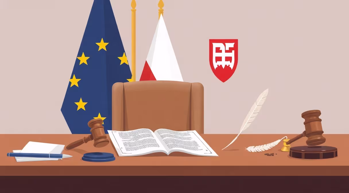 Notársky stôl s pečiatkou, úradným dokumentom a gavelom medzi vlajkami EÚ a SR.