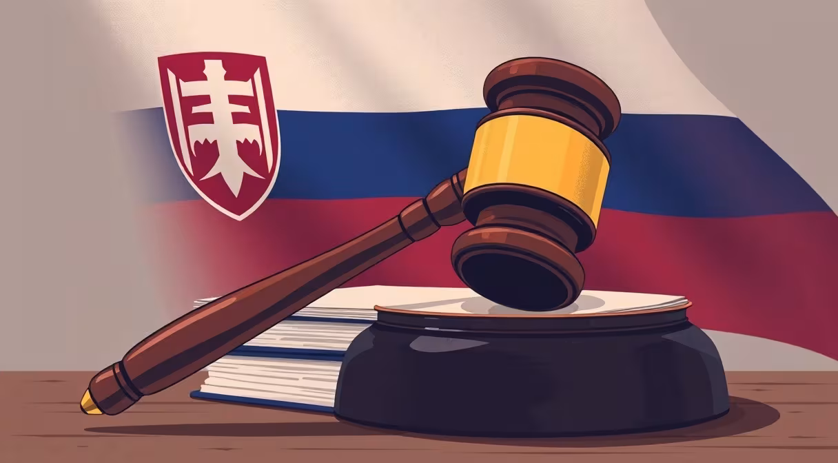 Gavel na dokumentoch so slovenskou vlajkou v pozadí symbolizuje zákon o rozvojovej spolupráci.