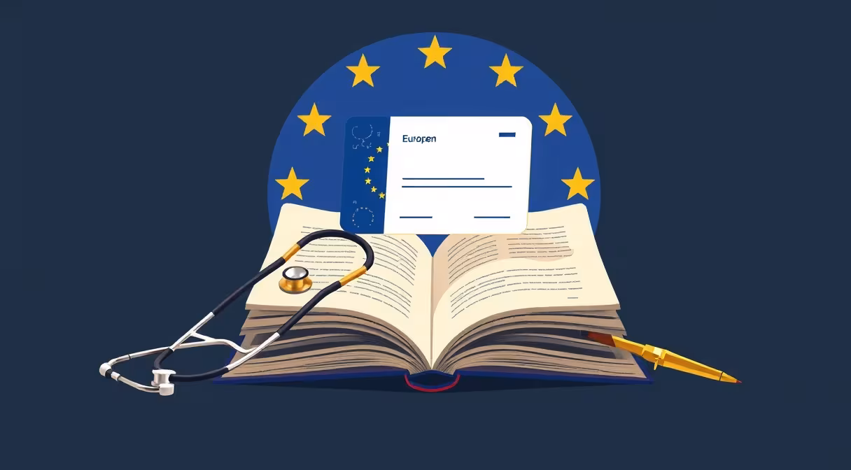 Európsky profesijný preukaz sa vznáša nad zákonom o uznávaní kvalifikácií, vedľa stetoskopu a rysovacieho kružidla.