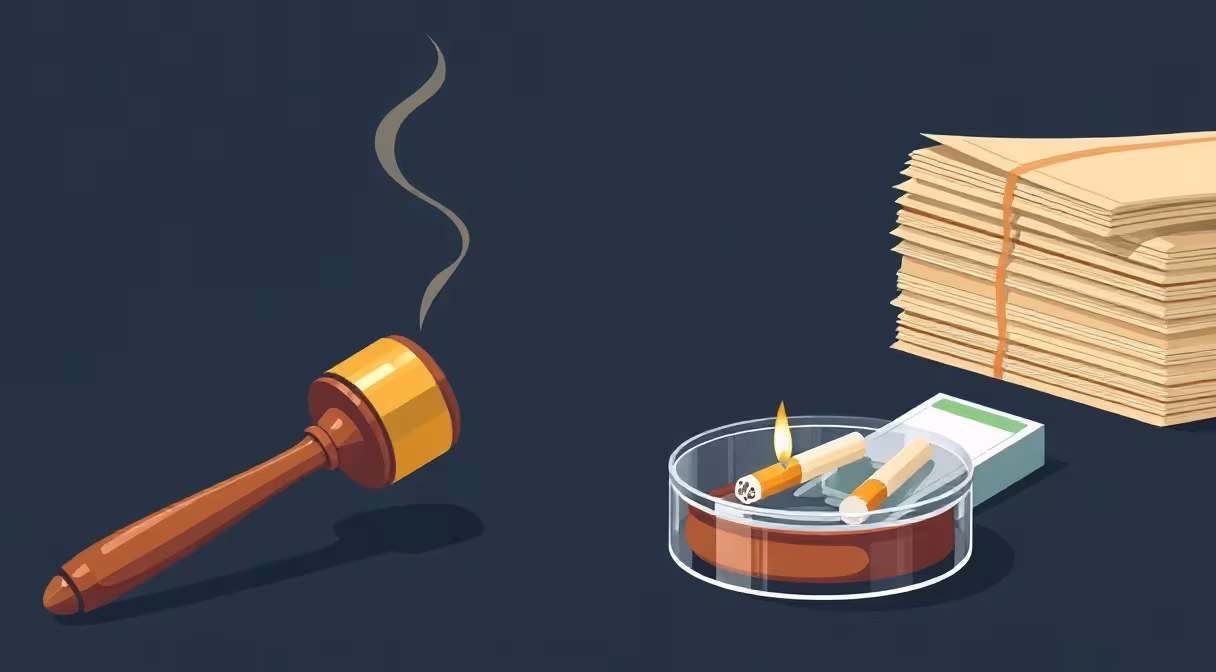 Sudcovské kladivo vedľa popolníka s cigaretou a balíček cigariet na stole.