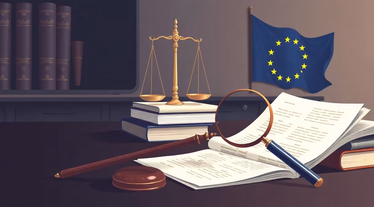 Auditorský zákon symbolizovaný váhami spravodlivosti a lúpou nad dokumentom na stole.