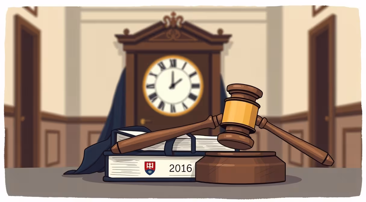 Gavel na knihe s erbom pri súde, v pozadí symbolická chodba s hodinami - ilustrácia Správneho súdneho poriadku.