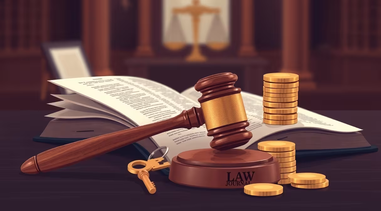 Gavel na knihe s kľúčom a mincami symbolizuje dedičské konanie.