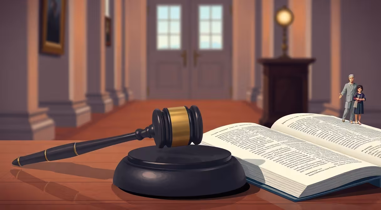 Sudcovské kladivo a rodinná figurína na stole s knihou v súdnej sále znázorňujúce konanie v rodinných veciach
