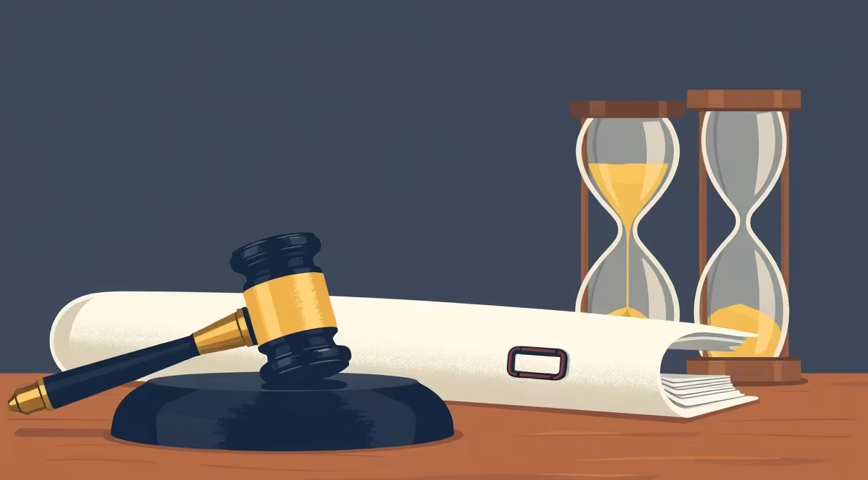 Gavel a súdny spis s presýpacími hodinami symbolizujú lehoty v civilnom konaní.