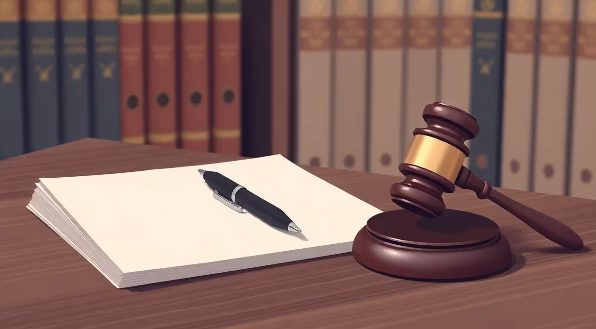 Gavel na stole vedľa prázdnych papierov a pera, symbolizujúci strany sporu v civilnom konaní.