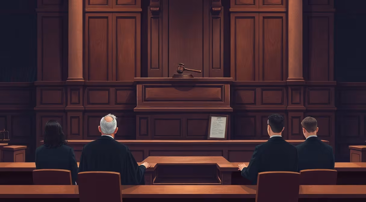 Sudca v talári na pojednávaní v zasadacej miestnosti súdu s gavelom na stole