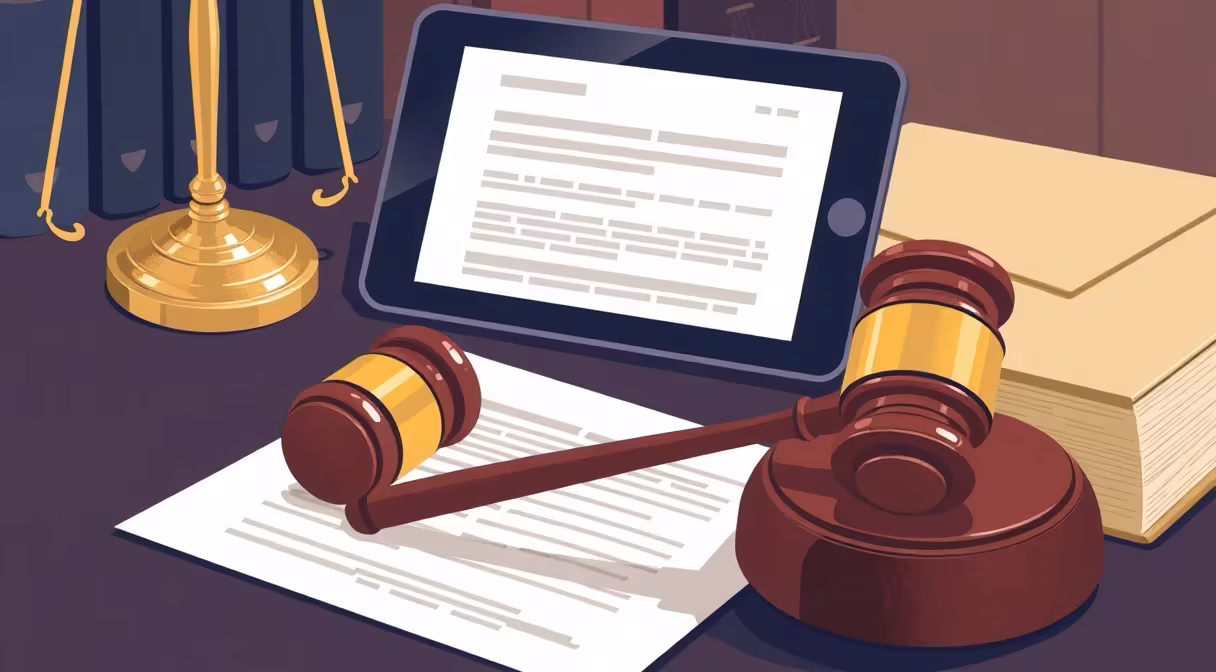 Sudcovské kladivo na stole vedľa otvoreného dokumentu a tabletu s registračným formulárom