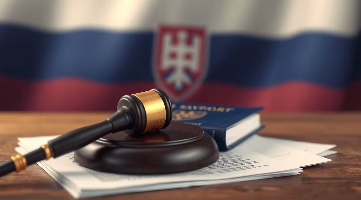 Gavel na pasoch a dokumentoch s rozmazanou slovenskou vlajkou v pozadí, symbolizujúci novelu zákona o pobyte cudzincov.