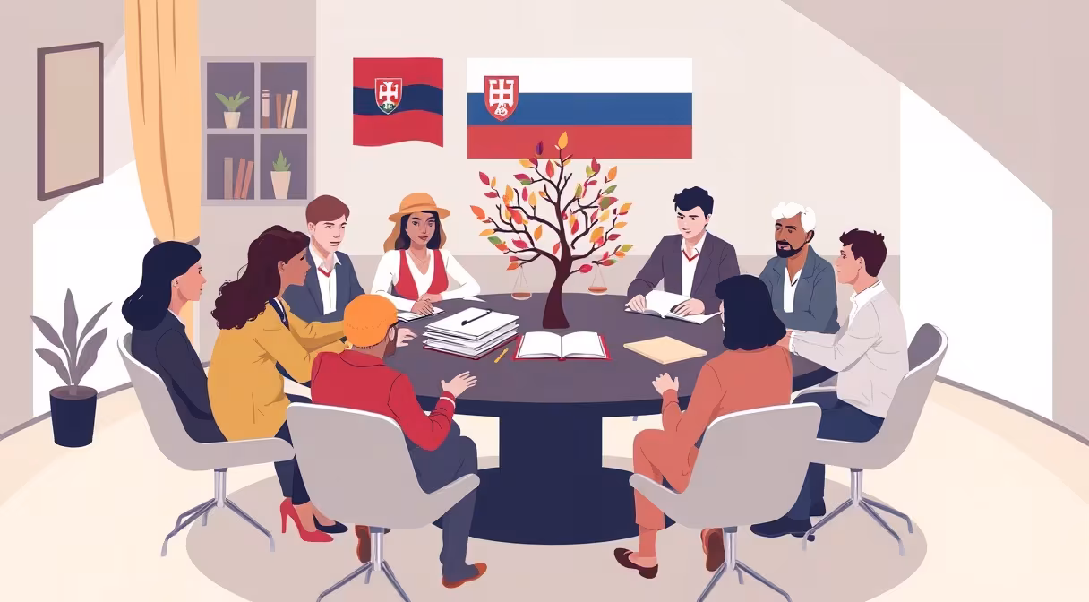 Zástupcovia národnostných menšín rokujú o kultúrnom fonde pri stole s listnatým stromčekom.