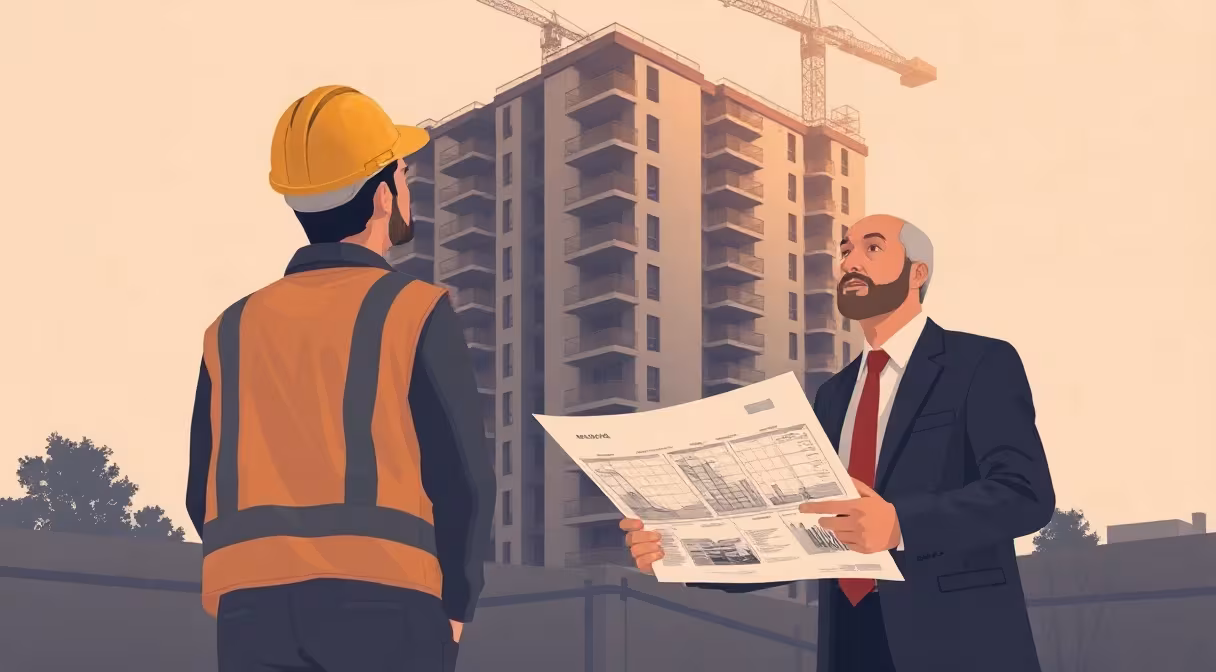 Stavbár a podnikateľ sledujú výstavbu bytového domu, v popredí architekti s projektovou dokumentáciou.