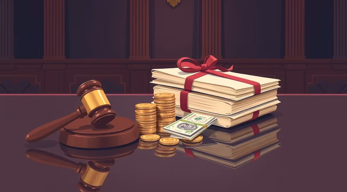 Gavel na kope mincí a bankoviek vedľa zviazaných právnych dokumentov na stole, symbol zákona o finančnej podpore cirkví.