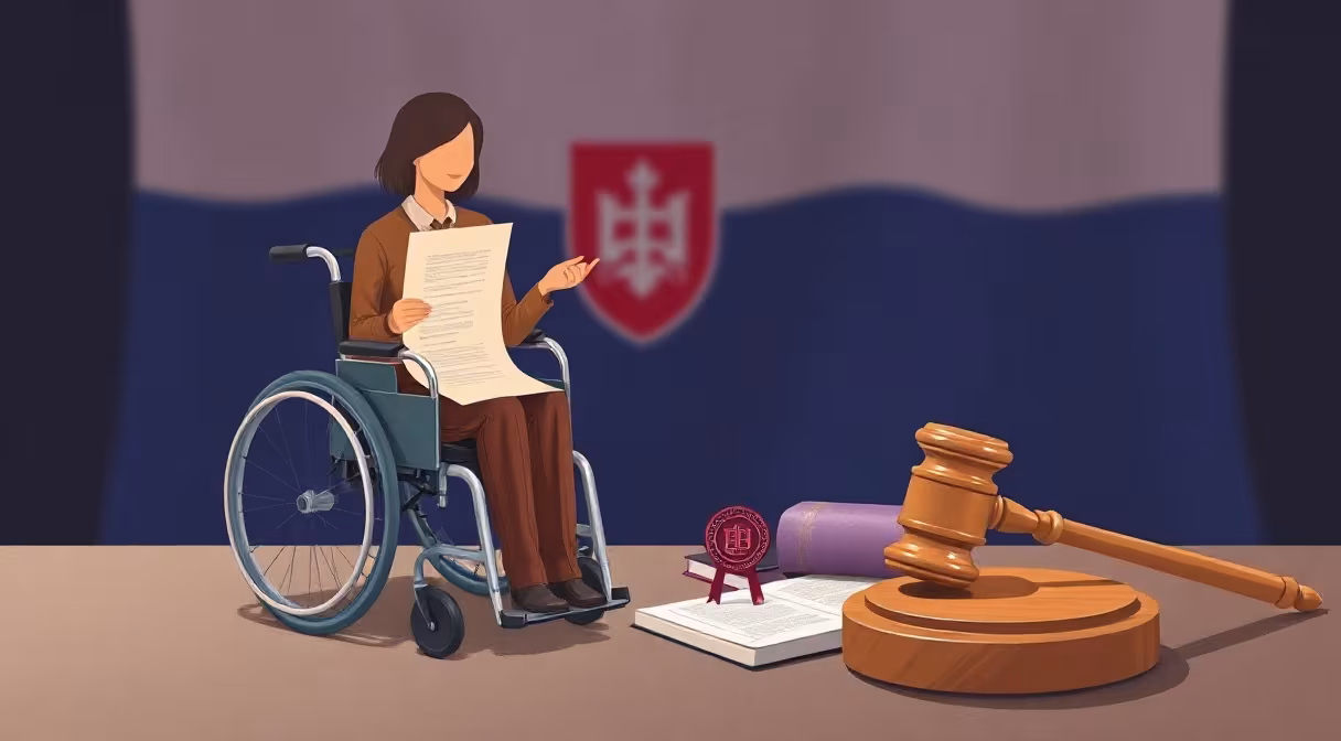 Osoba na vozíku drží dokument s pečiatkou zákona, vedľa kladivka a slovenskej vlajky v pozadí.