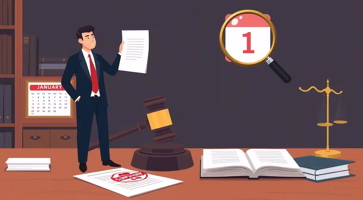 Právnik s kladivom a dokumentmi pri kalendári 1. januára, ilustrácia novely zákona o nelegálnej práci