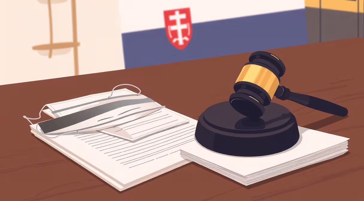 Sudcovské kladivo na stole s rúškom a Zbierkou zákonov, symbolizujúce mimoriadnu situáciu a Zákonník práce.