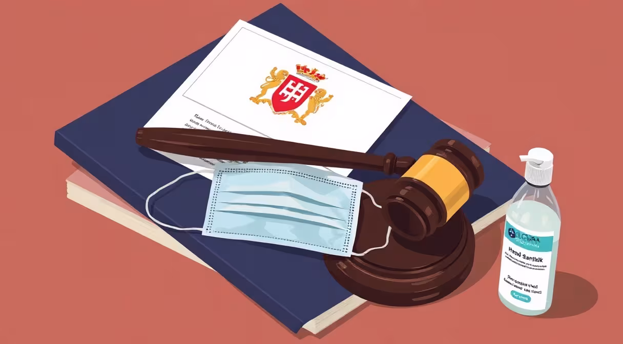 Gavel a rúško na dokumentoch s erbom SR a dezinfekciou