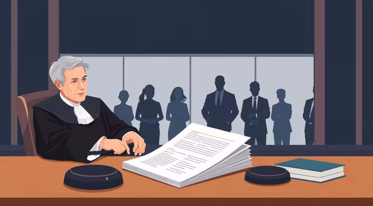 Sudca v talári pečatí dokument o dočasnej ochrane podnikateľov za sklenenou bariérou v súdnej sieni.
