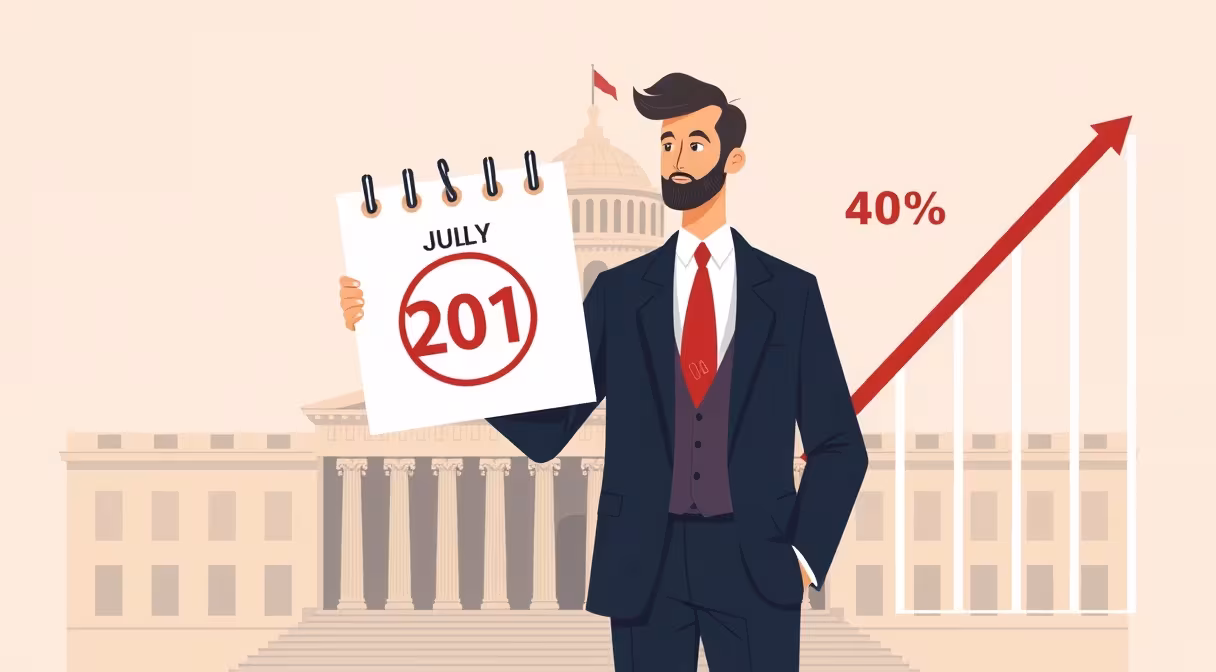 Právnik s kalendárom zvýrazňujúcim termín 31. júla 2020 a grafom poklesu tržieb o 40 percent pred vládnou budovou.
