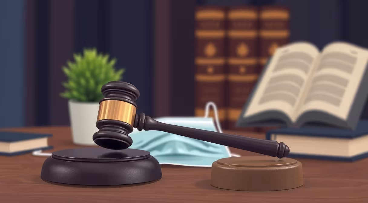 Súdne kladivo vedľa rúška a kvetináča na stole, symbolizujúce ochranu podnikateľov počas pandémie COVID-19.
