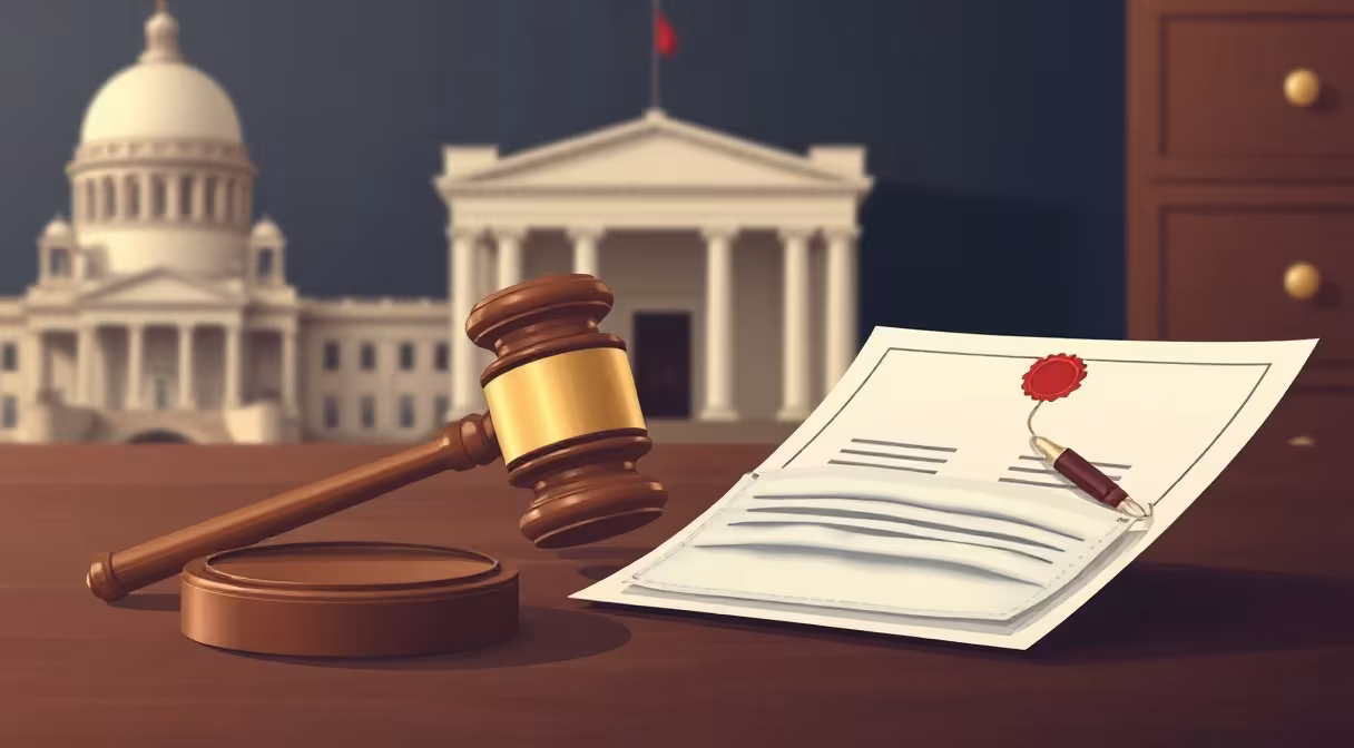 Kladivo na stole s rúškom a dokumentom pred budovou vlády v čase mimoriadnej situácie