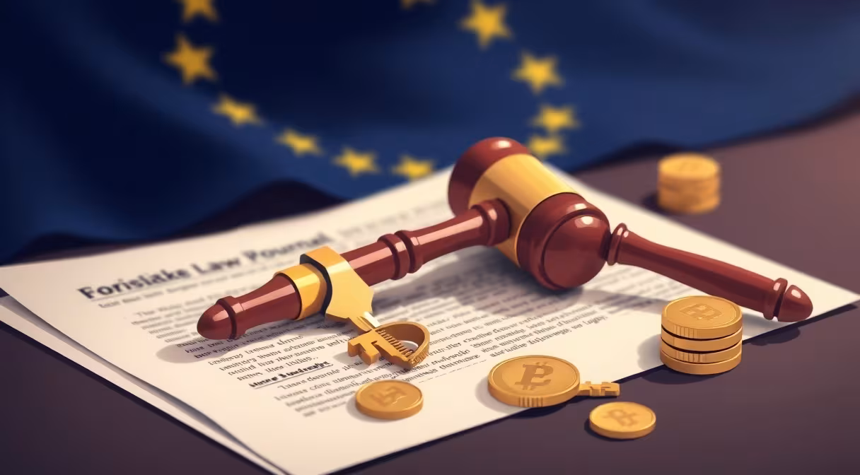 Súdne kladivo a kľúč vedľa dokumentu s euromincami v pozadí s vlajkou EÚ