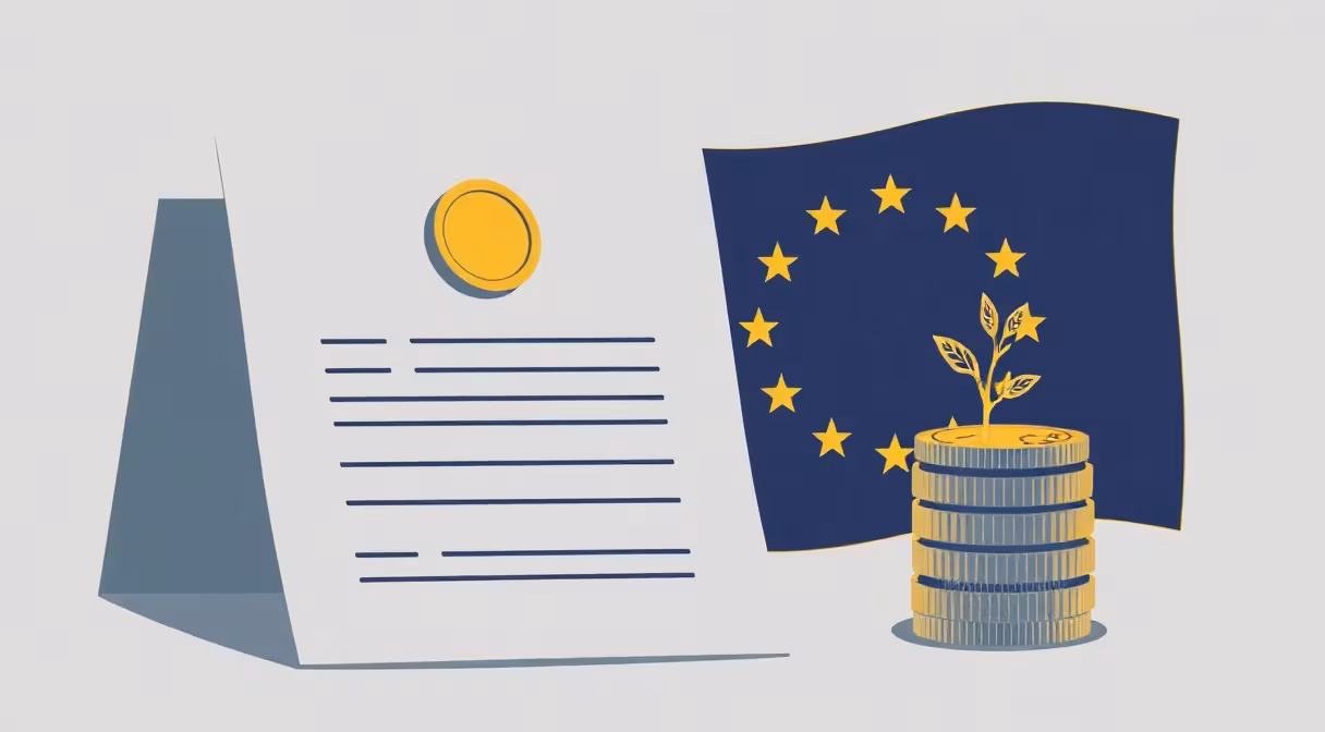 Právny dokument s pečaťou a eurominciami vedľa klíčiacej rastliny symbolizujúcej finančnú pomoc pre podniky.