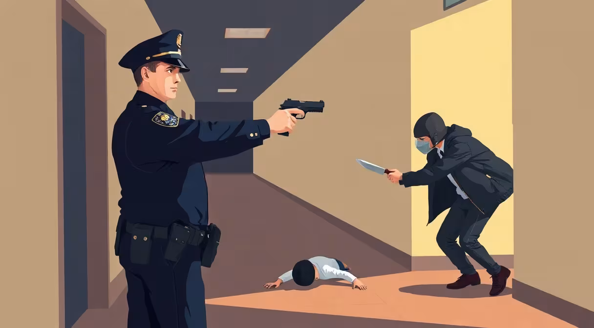 Policajt mieriaci zbraňou na útočníka s nožom na školskej chodbe počas nutnej obrany