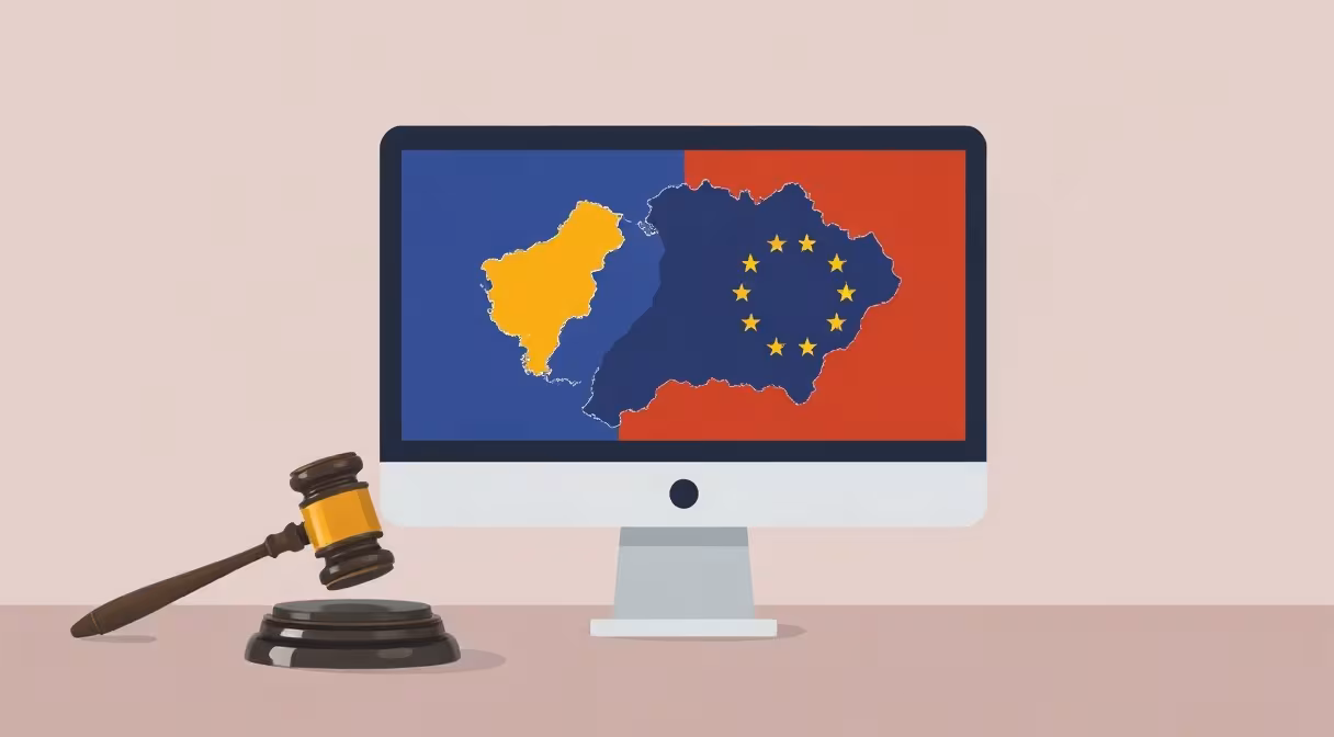 Monitor s mapou Slovenska zvýrazňujúcou regióny, vedľa vlajky EÚ a gavely symbolizujúce legislatívne zmeny v regionálnom rozvoji.