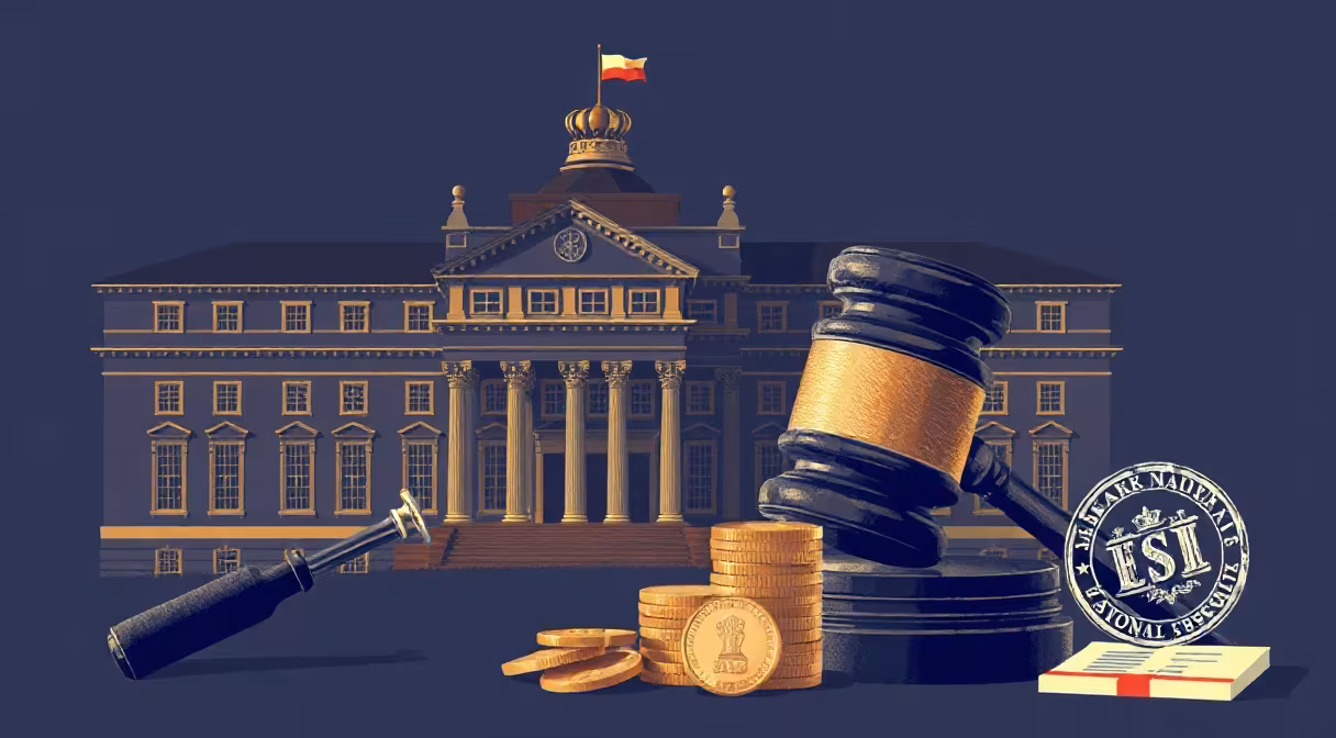 Kladivo sudcu vedľa hromady mincí a pečiatky na dokumente v popredí budovy parlamentu, symbolizujúce zmeny v sociálnom poistení a službách zamestnanosti.