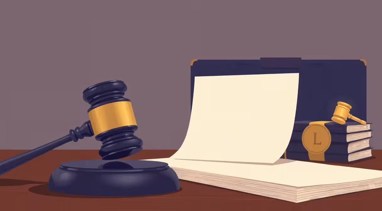 Gavel a dokumenty na stole, symbol likvidácie spoločnosti, s priesvitnou budovou v pozadí