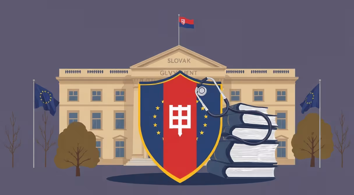 Budova parlamentu, štátny znak na štíte a stetoskop symbolizujúci pandémiu a zákon o mimoriadnych zárukách.