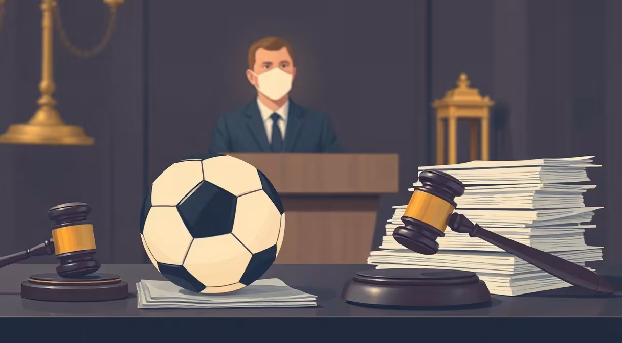 Futbalová lopta a kladivo na stole v kontexte pandemických zmien športových organizácií.