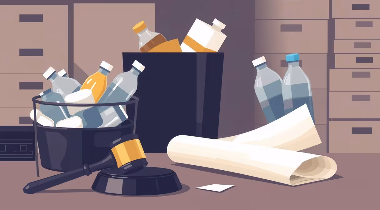 Súdne kladivo a recyklačný kôš s vytriedeným odpadom na stole, ilustrácia k článku o odpadoch
