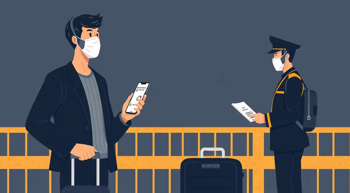 Osoba s rúškom a kufrom na hraničnom priechode ukazuje na mobile negatívny COVID-19 test.