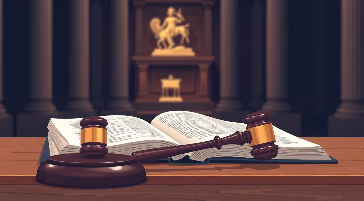 Gavel na stole vedľa zákona o trestnej zodpovednosti, v pozadí súdna sieň.