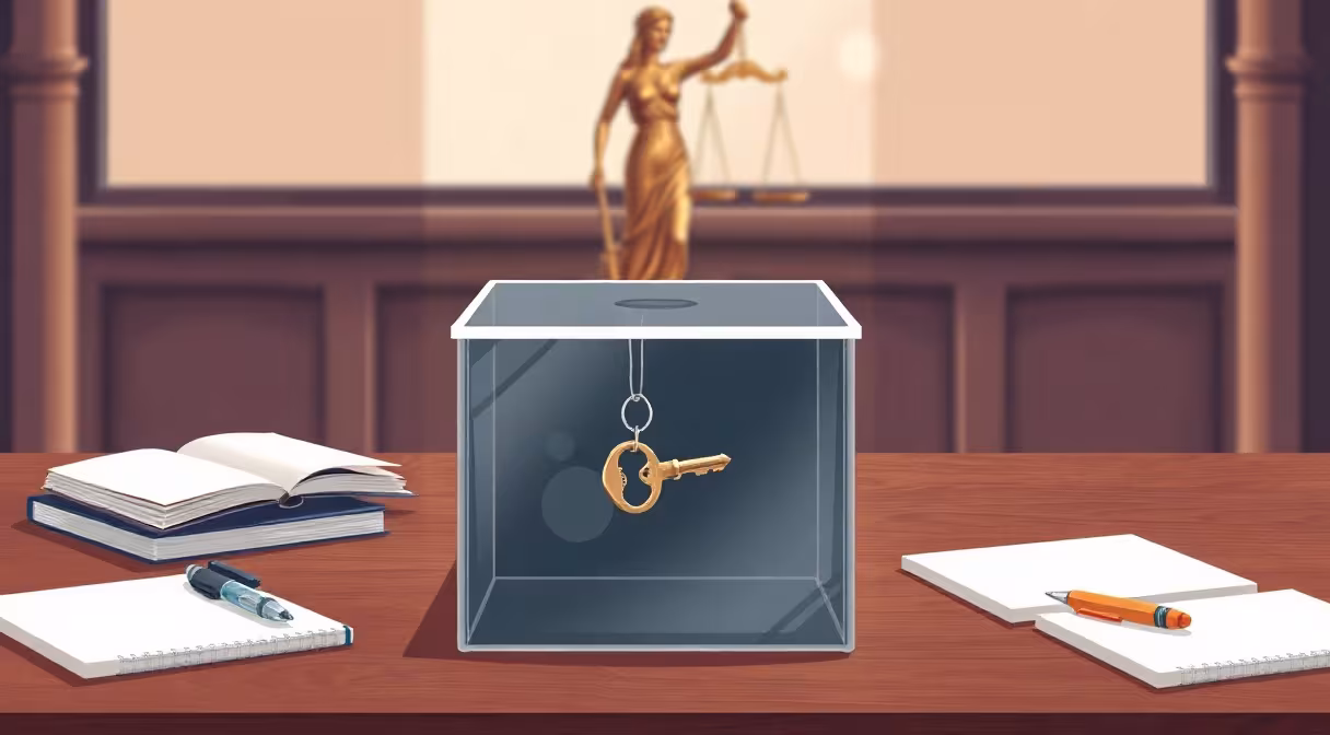Sklenená volebná schránka s kľúčom na stole pri soche lady Justice, symbolizujúca transparentnú voľbu generálneho prokurátora.
