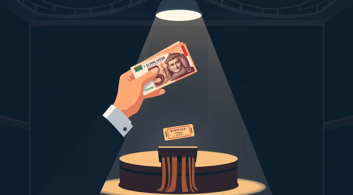 Ruka s bankovkami pod reflektorom vedľa vstupenky a divadelnej opony, symbolizujúca finančnú pomoc pre kultúru.
