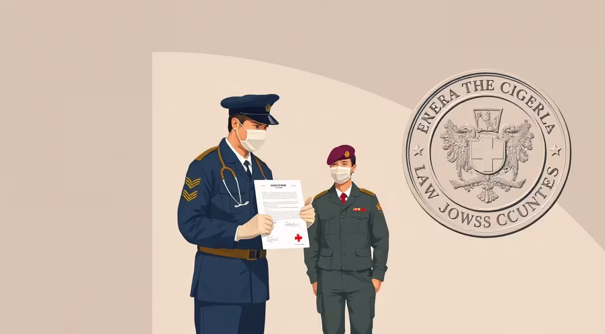 Zdravotník v ochrannom odeve drží potvrdenie o chorobe z povolania vedľa vojaka a dobrovoľníka Červeného kríža