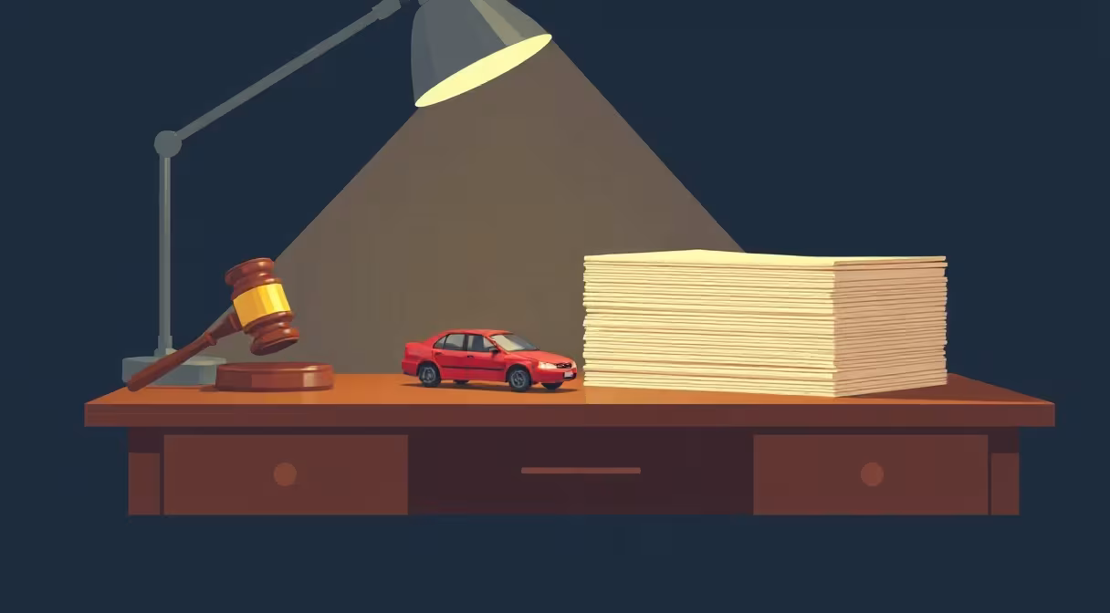 Gavel a dokumenty na stole vedľa autíčka bez evidenčného čísla, symbolizujúce zmeny v prideľovaní EČV.