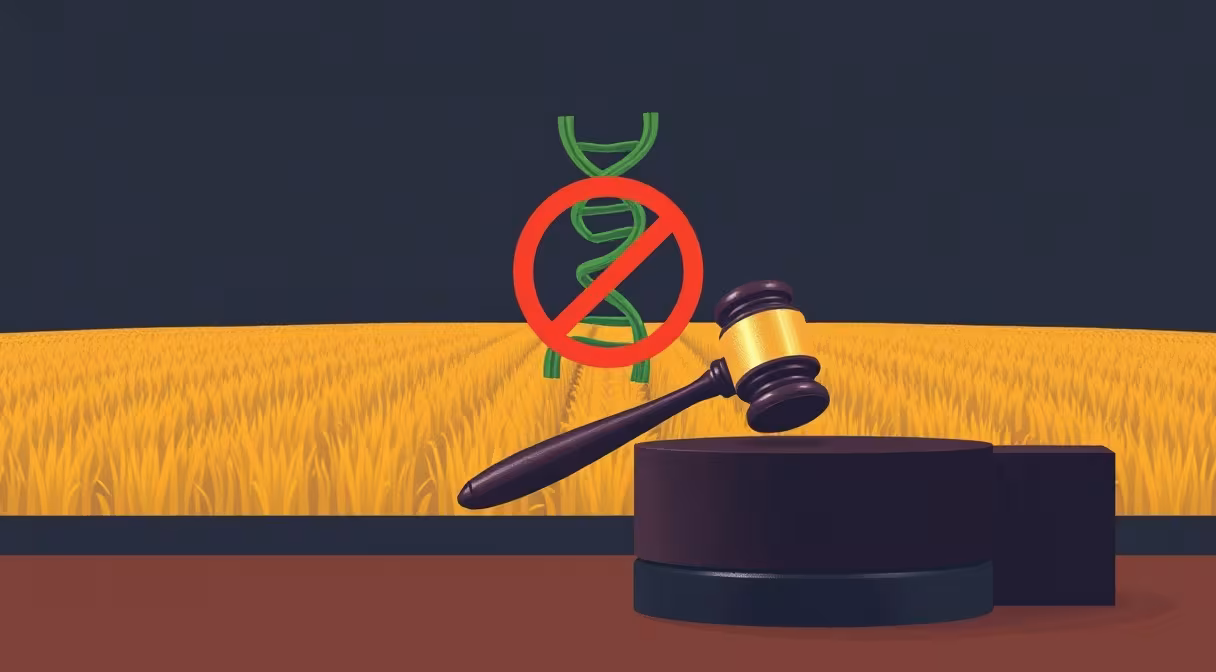 Súdne kladivo a DNA v tvare listov so zákazom pestovania GMO na poli.