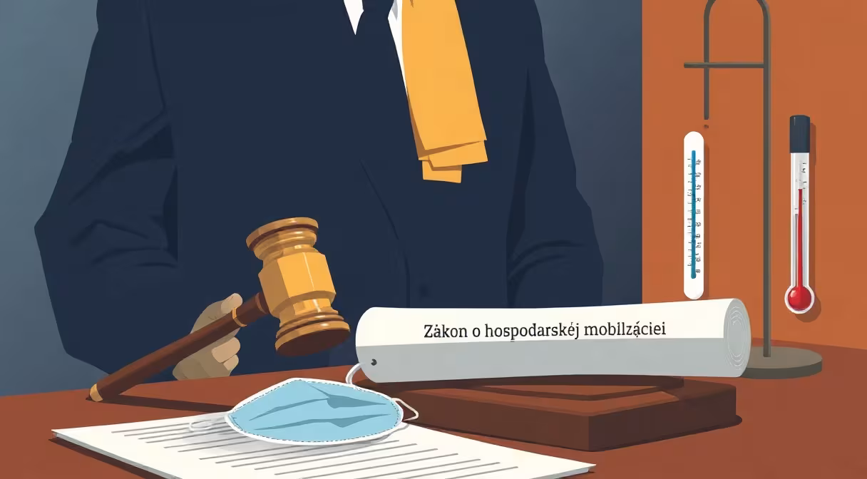 Kladivo na súde vedľa zvitku zákona o hospodárskej mobilizácii, rúška a teplomera, symbolizujúcich koniec núdzového stavu.