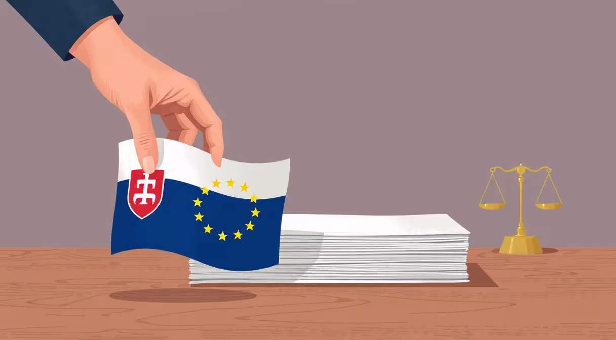 Ruky kladú slovenskú a európsku vlajku na stôl vedľa zákona o kolektívnom investovaní a váh spravodlivosti.