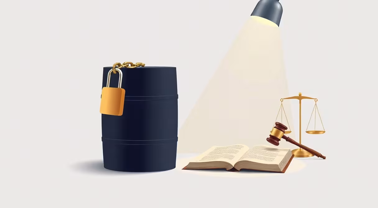 Sud s olejom so zámkom a reťazou vedľa paragrafu a gavely symbolizuje novelu zákona o spotrebnej dani