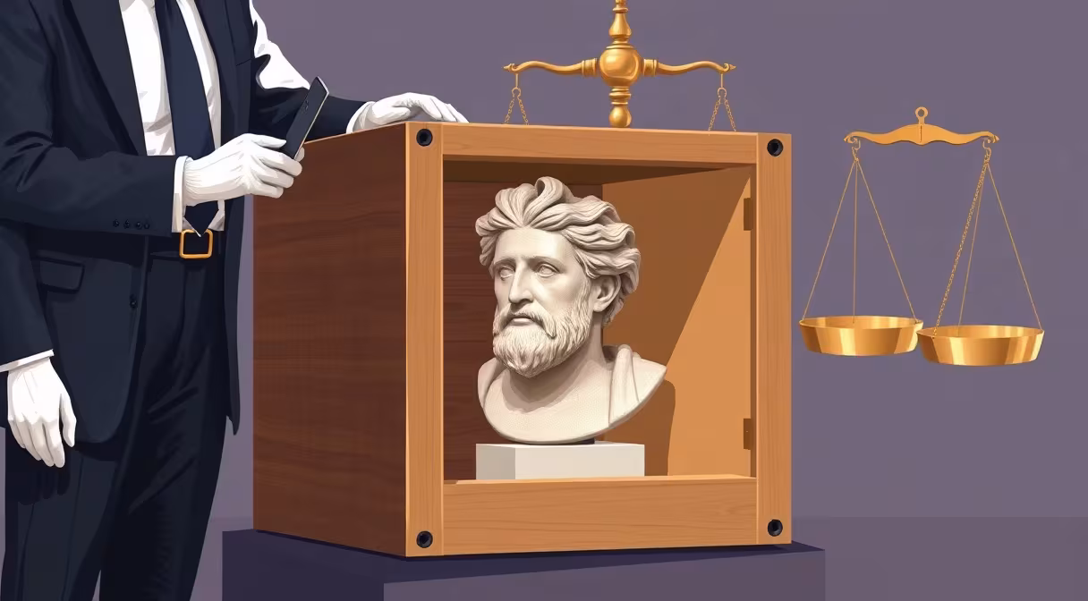 Colný úradník a archeológ kontrolujú starovekú mramorovú bustu v drevenej debne.