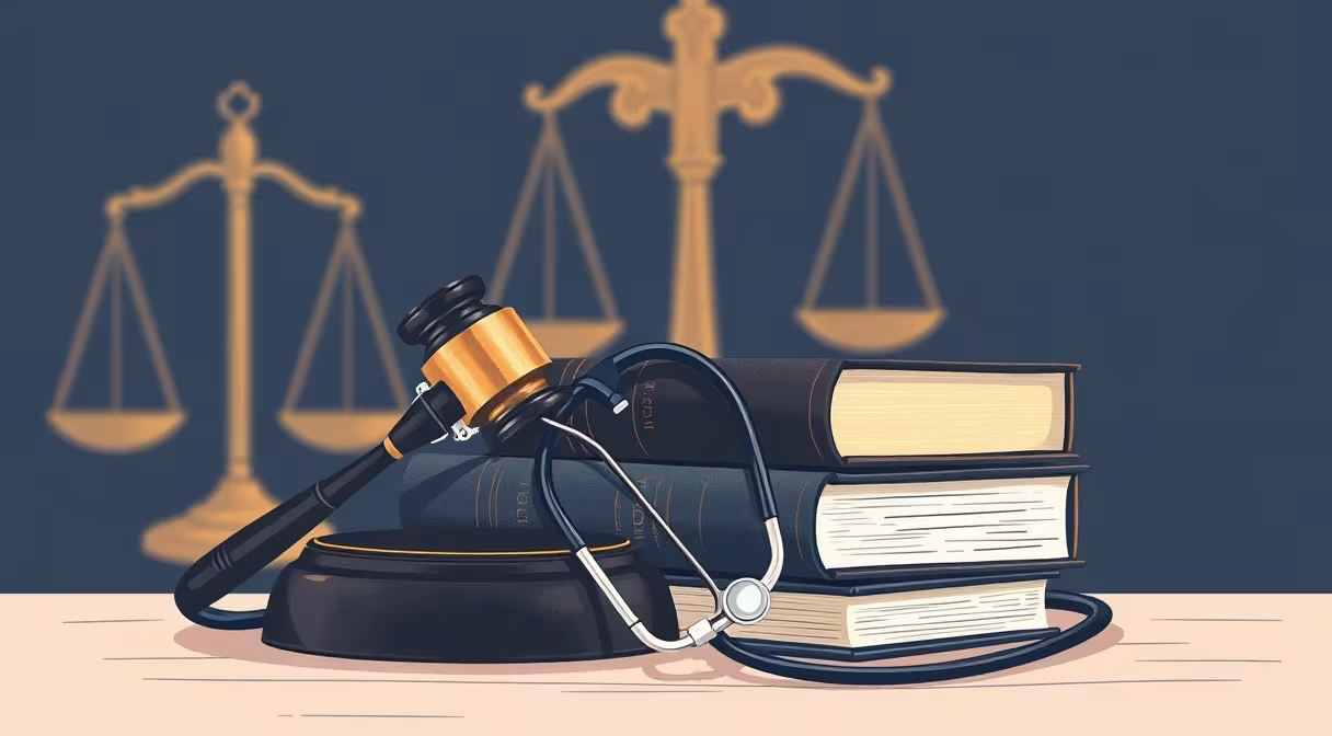 Gavel na knihách zákona vedľa stetoskopu, pozadie s rozmazaným lekárskym krížom a váhami spravodlivosti.