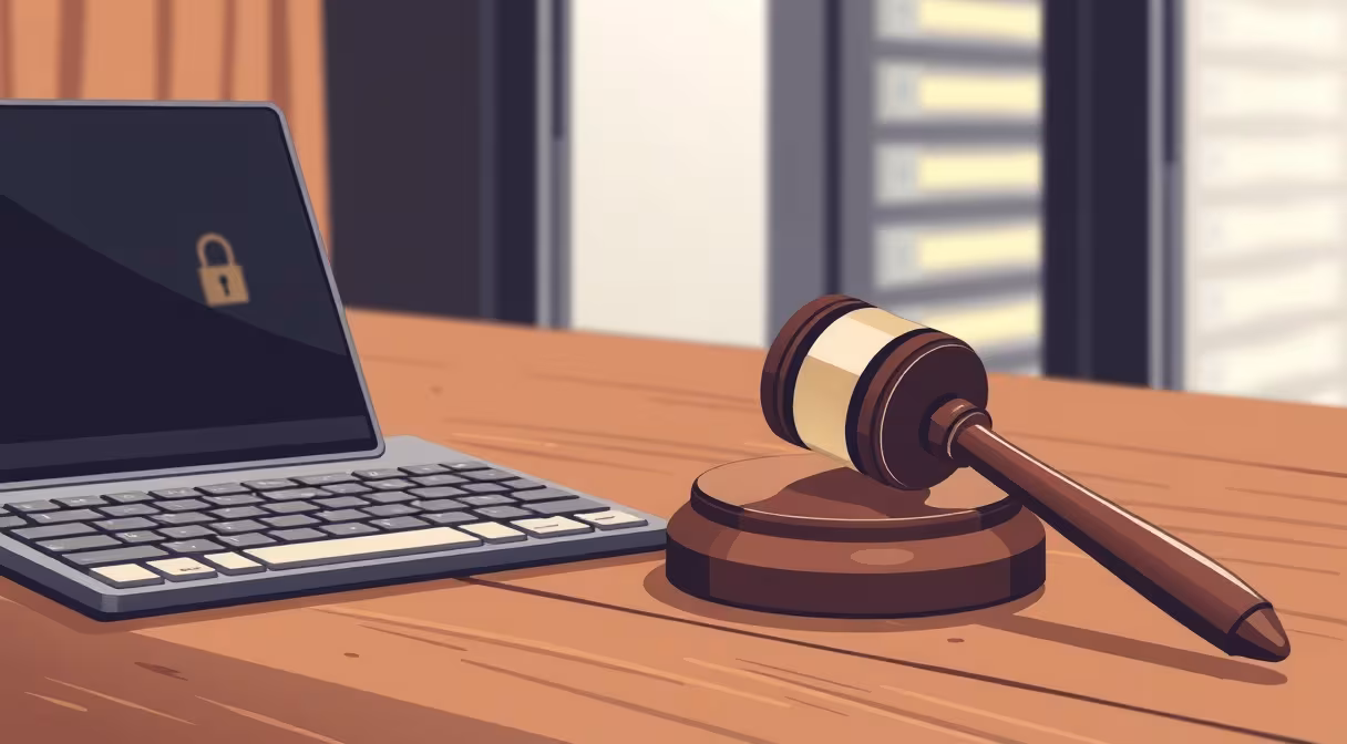 Gavel a klávesnica so zámkom na stole, symbolizujúce kybernetickú bezpečnosť