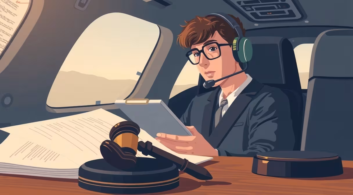 Pilot v kokpite s dokumentmi a gavľom na stolíku