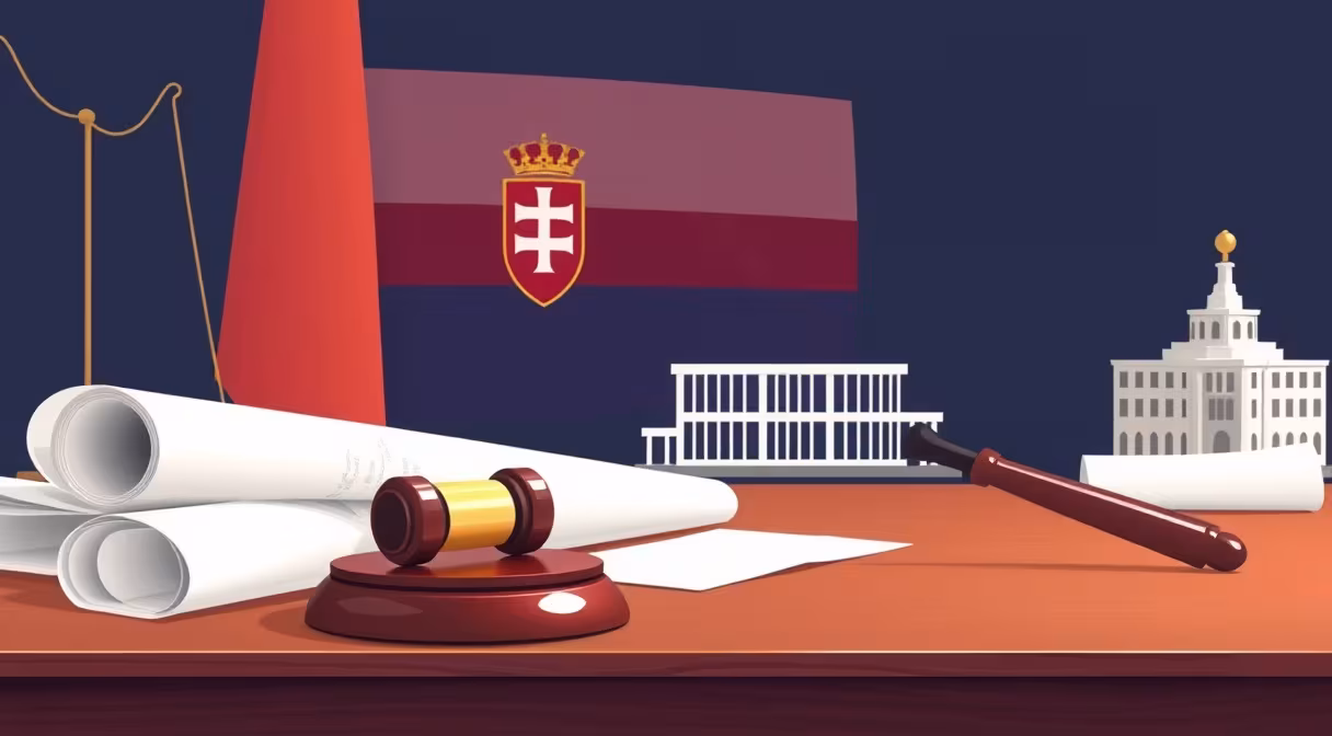 Kladivo sudcu na stole vedľa plánov a modelu budovy, vlajka Slovenska v pozadí, téma zákon o investíciách