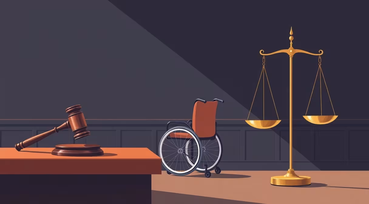 Súdna miestnosť s kladivom, prázdna stolička vedľa invalidného vozíka a váha spravodlivosti s jednou miskou nižšie, znázorňujúca nerovnováhu v príspevkoch pre ť