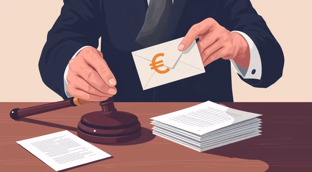 Staršie ruky preberajú obálku s eurom od gavely sudcu a hromady právnych dokumentov na drevenom stole.